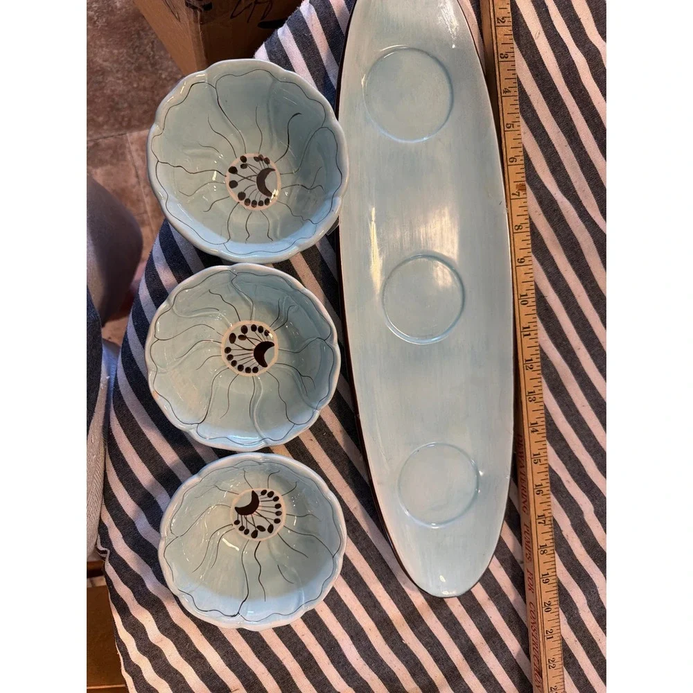 Laurie Gates Ava Collection Blue Ceramic Chip and Dip Serving Tray 3 Bowl Set